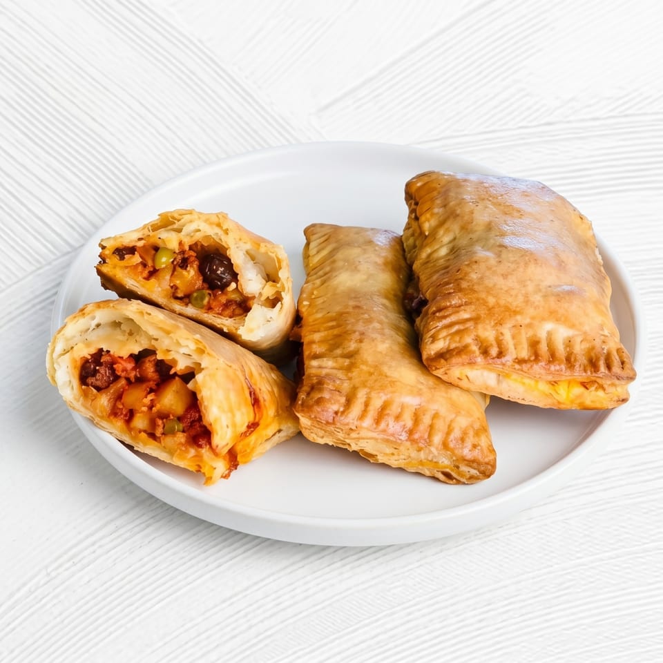 Four golden-brown empanadas on a white plate, two whole and one cut open revealing a savory filling.