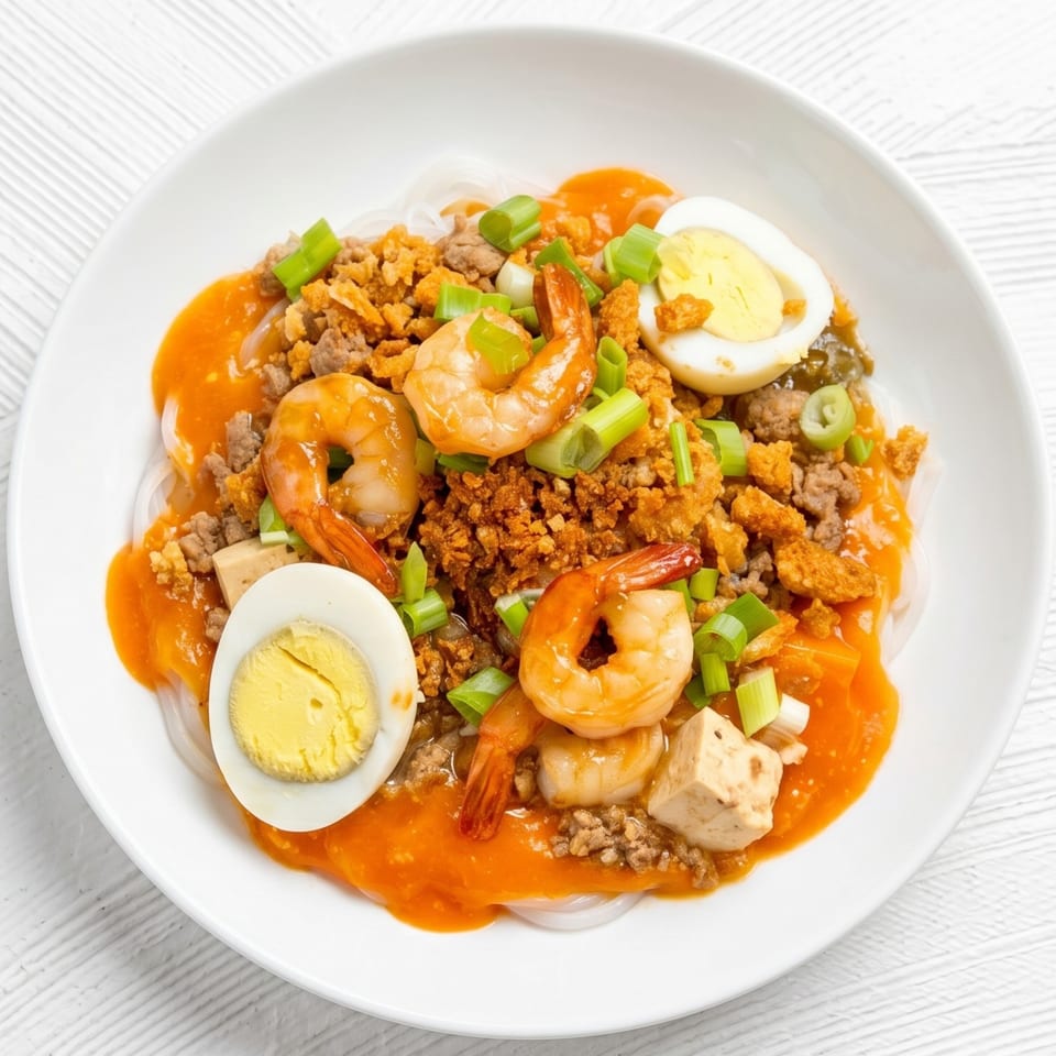 A white bowl of pancit palabok with shrimp, eggs, pork, tofu, and orange sauce.