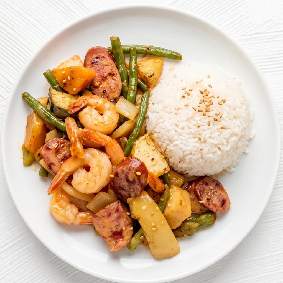 A white plate holds a colorful stir-fry with shrimp, sausage, green beans, and rice.