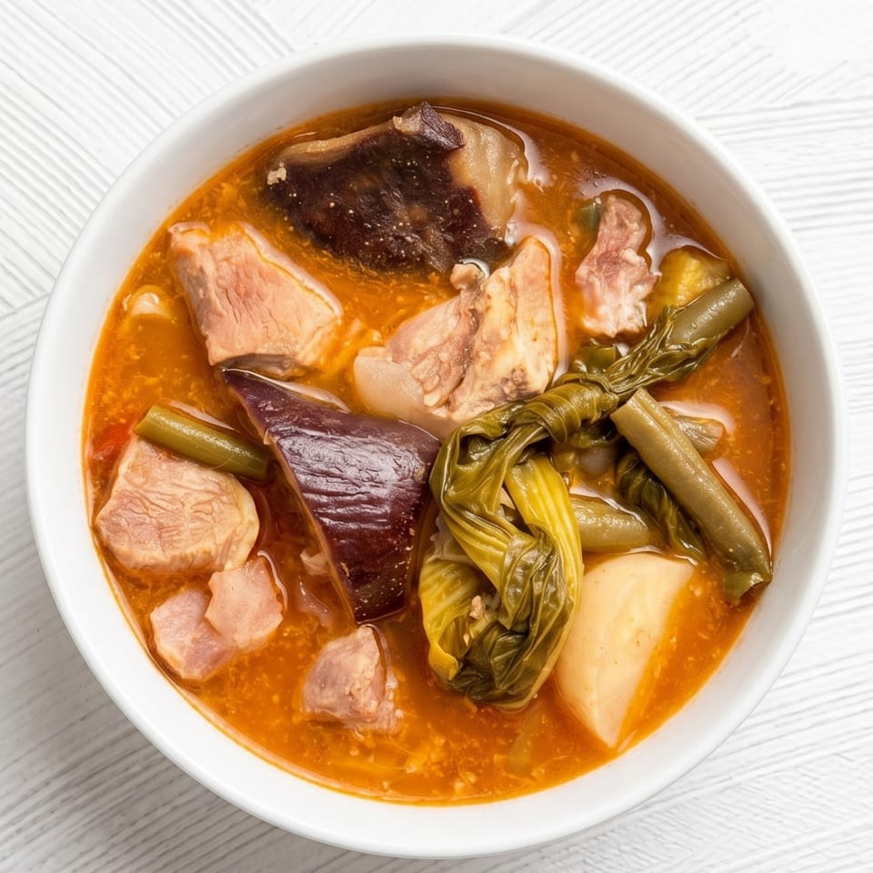 A close-up of a bowl of Filipino Sinigang, a sour soup with pork, eggplant, green beans, and bok choy.