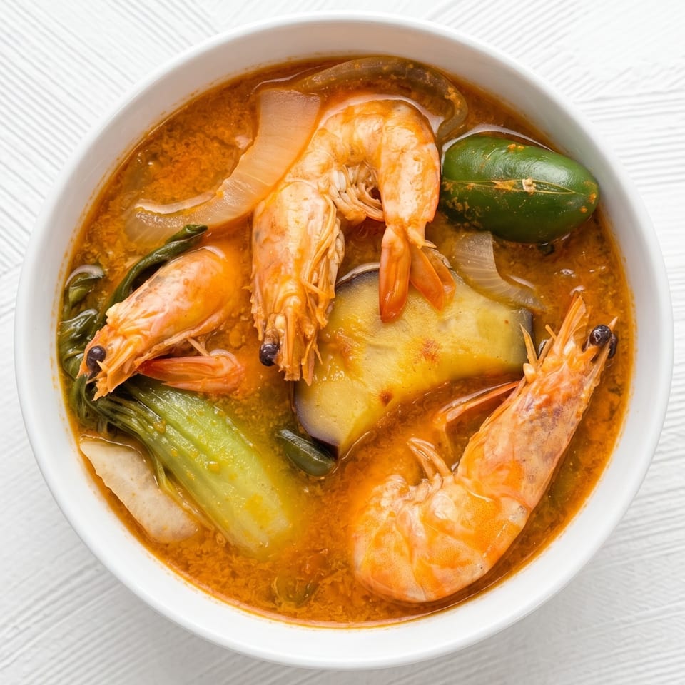 Overhead view of a bowl of shrimp and vegetable soup with a rich orange broth.